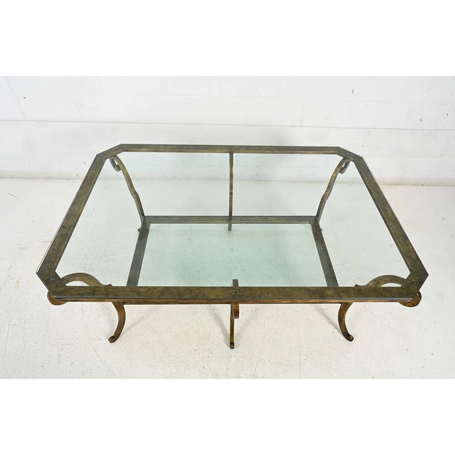 Hollywood Regency 1970s Oversized Hollywood Regency Gilt Iron Two-Tier Glass Coffee Table For Sale - Image 3 of 13