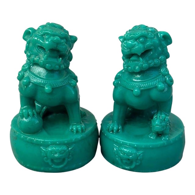 Turquoise Green Foo Dogs - Pair of Mini Guardian Lion Statues For Sale