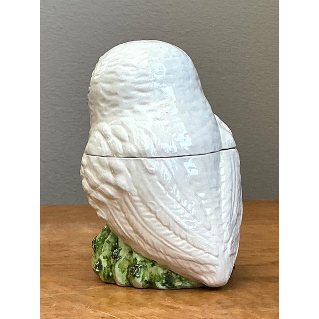 Whimsical and refined, this vintage Italian ceramic trinket box takes the form of a wide-eyed owl perched on a grassy...