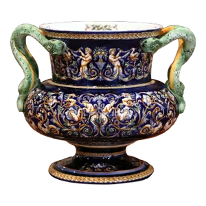 19th Century French Painted Porcelain Cache Pot With Snake Handles From Gien