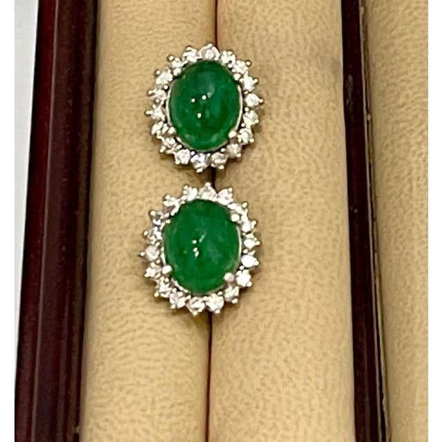 2010s 12 Ct Natural Emerald Zambia Cabochon & Diamond Stud Earring 14 Karat White Gold For Sale - Image 5 of 18