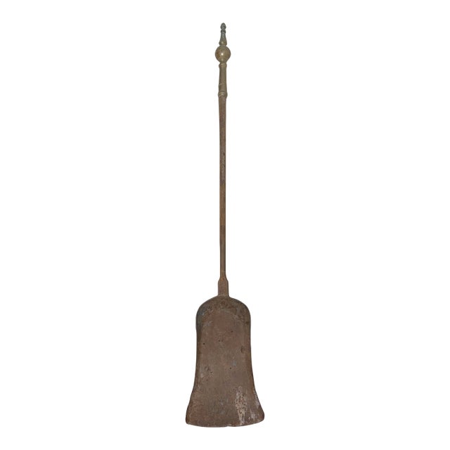 Antique 18th Century Wrought Iron Turned Brass English Fireplace Shovel Tool 14 For Sale