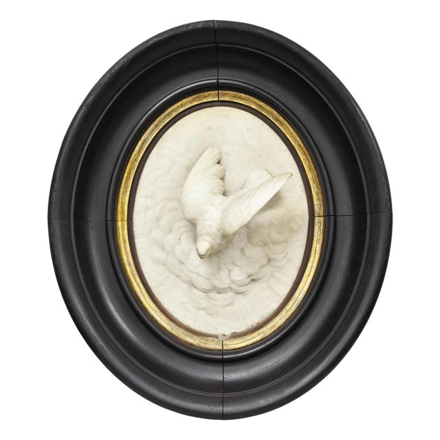 Antique Victorian Large Italian Oval Marble Relief Carved Dove Bird Wall Plaque For Sale