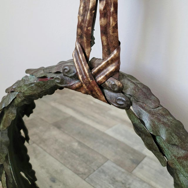 Labarge LaBarge Italian Patinated Tole Wreath Bow Metal Wall Mirror For Sale - Image 4 of 10