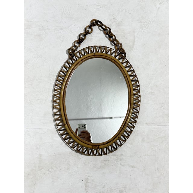Oval Wall Mirror in Wicker and Bamboo, 1960 For Sale - Image 4 of 7