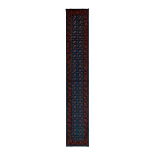 Extra-Long Teal Blue Tribal Wool Runner Rug With Geometric Medallions, 2'8" X 16' For Sale