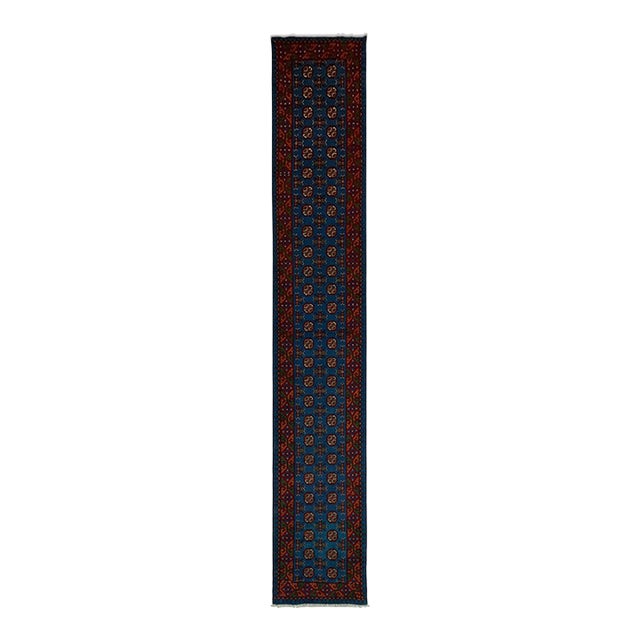 Extra-Long Teal Blue Tribal Wool Runner Rug With Geometric Medallions, 2'8" X 16' For Sale