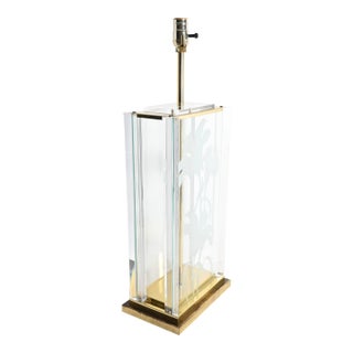1980s Fredrick Ramond Hollywood Regency Acrylic Floral Etched Glass Table Lamp Signed For Sale