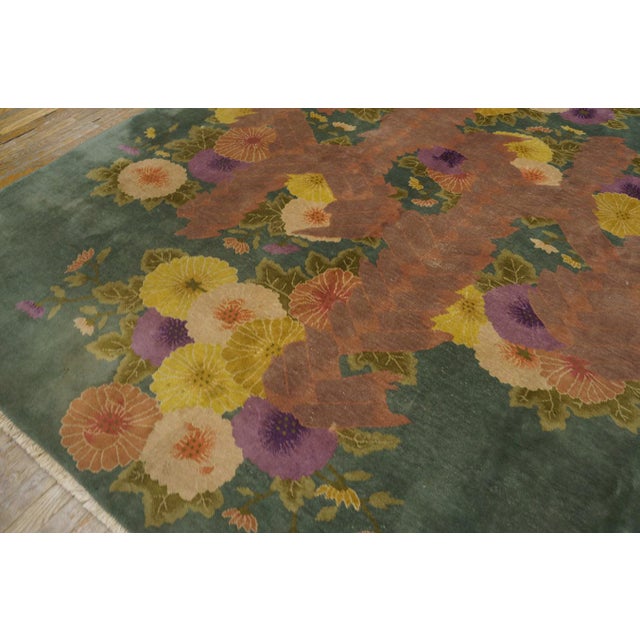Textile 1920s Green Floral Modern Antique Chinese Art Deco Rug by Nichols Workshop 7'10''x9'2'' Wool Carpet For Sale - Image 7 of 12