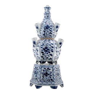 Vintage MCM Chinoiserie Three Tier Tulipiere Porcelain Flowers Vase For Sale