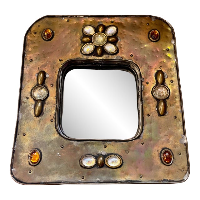 1960s Mirror Attributed to Irena Jaworska in Repousse Copper With Crystal Cabochons, France, in the Line Vautrin Style For Sale