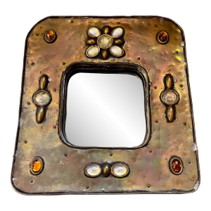 1960s Mirror Attributed to Irena Jaworska in Repousse Copper With Crystal Cabochons, France, in the Line Vautrin Style