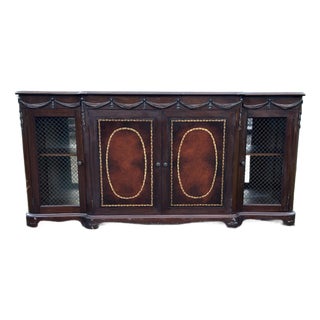 Vintage Carved Mahogany Sideboard / Bar Cabinet With Gold-Tooled Leather For Sale