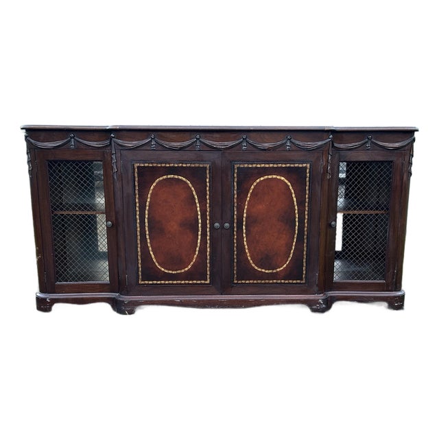 Vintage Carved Mahogany Sideboard / Bar Cabinet With Gold-Tooled Leather For Sale