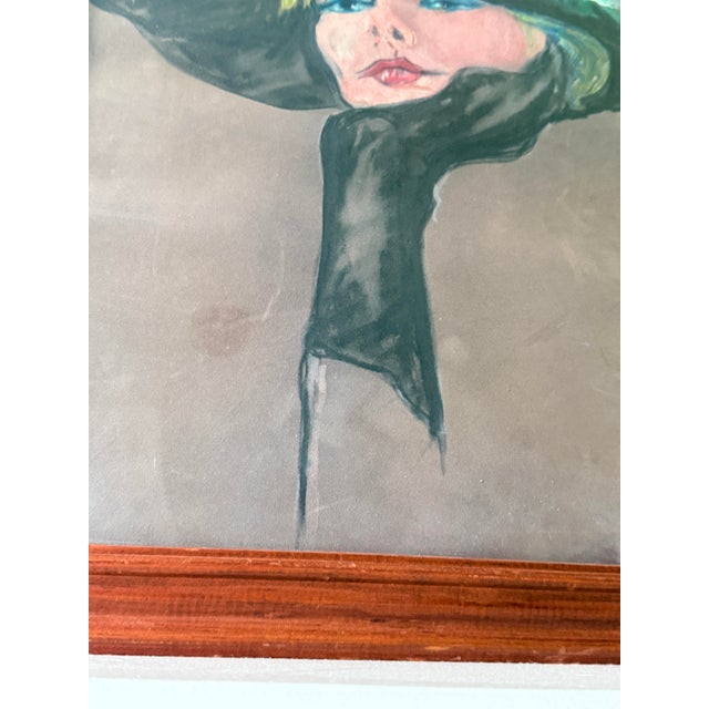 Glass Vintage Fashion Illustration Style Pastel Portrait of Woman in Black Hat, 1980s For Sale - Image 7 of 9