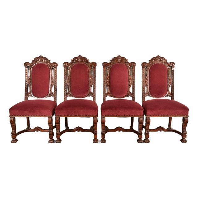 R. J. Horner Style Antique Renaissance Revival Carved Walnut Dining Chairs | Set of Four For Sale