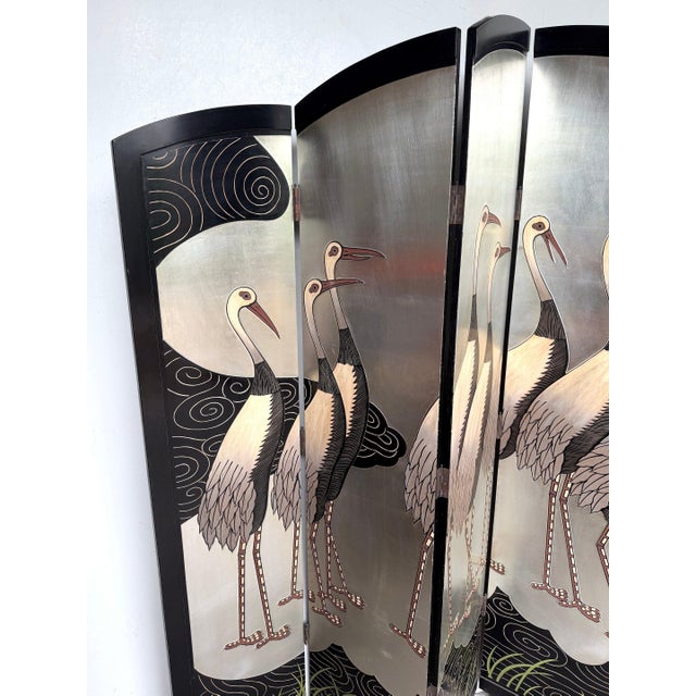Art Deco Style Six-Panel Silver Leaf Crane Screen, Hong Kong, Circa 1980 For Sale - Image 12 of 18