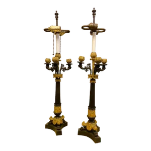 Pair 19th Century French Empire Ormolu Patinated Bronze Candelabra Lamps.
