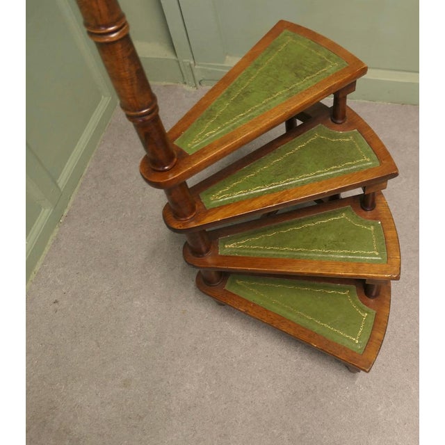 1920s Spiral Library Steps with Tooled Green Leather Treads, 1920 For Sale - Image 5 of 8