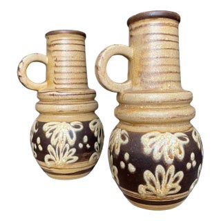 West German Medium Handled Brown & Cream Model 428 26 Vases with Flowers from Scheurich Keramik, 1960s, Set of 2 For Sale