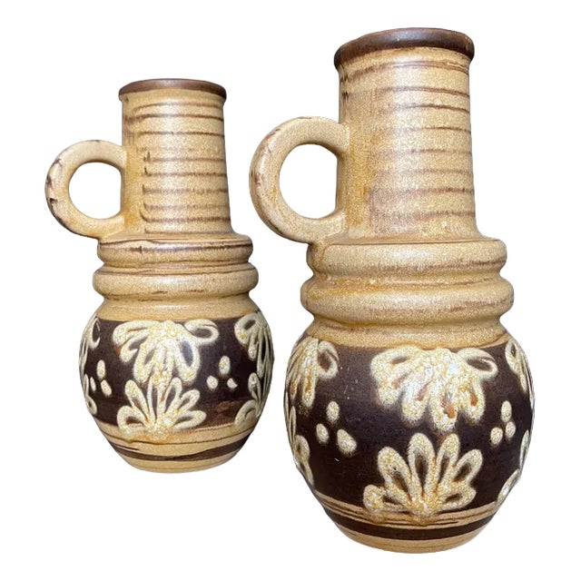 West German Medium Handled Brown & Cream Model 428 26 Vases with Flowers from Scheurich Keramik, 1960s, Set of 2 For Sale