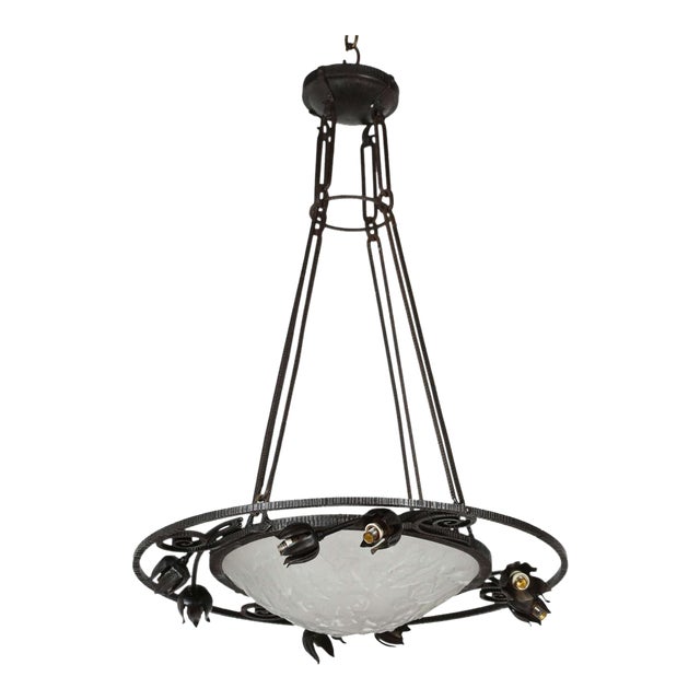 1930s French Fixture With Muller Freres Signed Shade For Sale