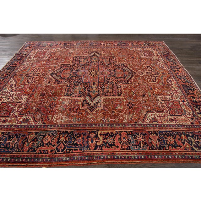 9 X 11 Vintage Persian Heriz Hand-Knotted Allover Wool Rug in Rust Color For Sale - Image 4 of 12