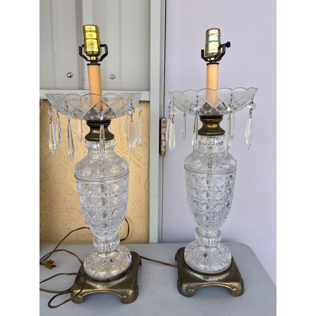 Vintage Early 20th Century Pair Crystal & Brass Lamps -2 For Sale - Image 12 of 12