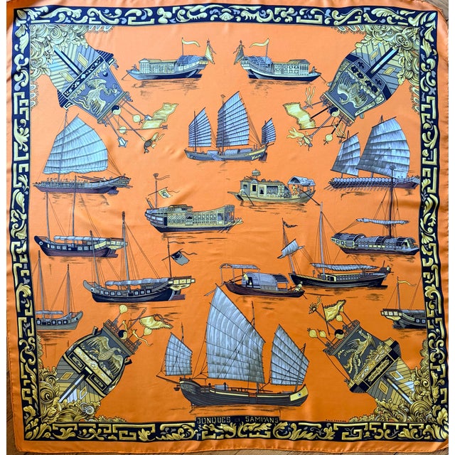 Hermès Hermès Jonques Et Sampans 1991 Silk Scarf by Françoise De La Perriere For Sale - Image 4 of 7