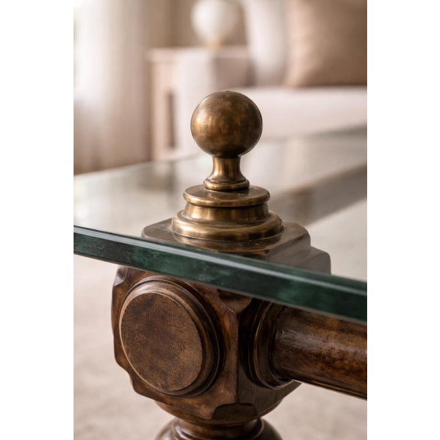 Neoclassical Style Solid Wood & ½” Beveled Glass Coffee Table With Brass Finials, Late 20th Century For Sale In Los Angeles - Image 6 of 9