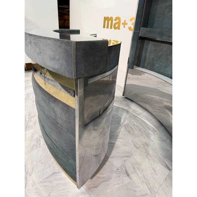 1970s 1970s Mid-Century Modern Attributed to Willy Rizzo Bar Cabinet in Blue Suede, Brass & Chrome For Sale - Image 5 of 13