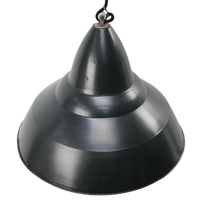 Belgian industrial pendant lamp used in mines Very dark green enamel, white inside E27 / E26 Up to 250V (Europe/UK...