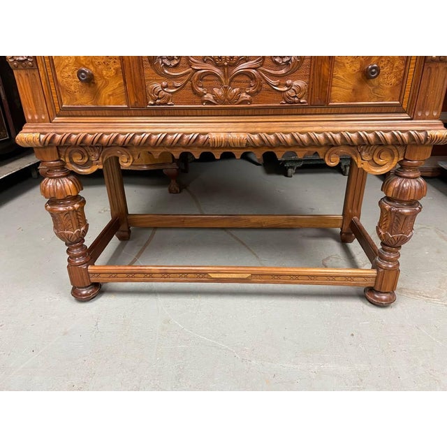 Wood Antique Hand Carved Dresser Cabinet, Berkey & Gay, Jacobean Revival, Walnut and Burl Wood For Sale - Image 7 of 10