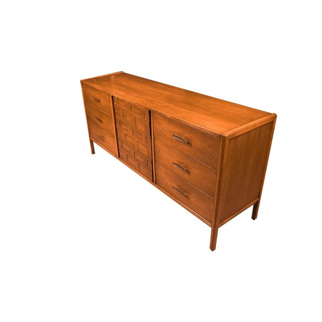 1970s Mid-Century Walnut Weave Pattern Long Dresser For Sale - Image 9 of 12