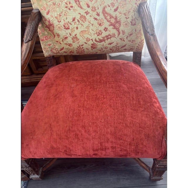 Pair of Vintage Baroque Style Carved Wood Armchairs With Floral Upholstery & Rust Seats For Sale - Image 12 of 12