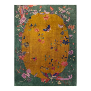 1920s Orange Floral Modern Antique Chinese Art Deco Carpet 9' X 11' 6" Handknotted Wool Rug For Sale