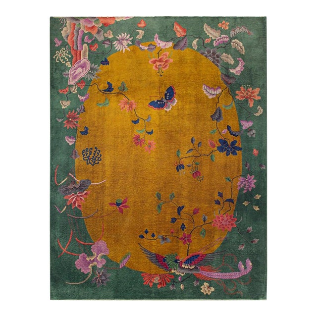 1920s Orange Floral Modern Antique Chinese Art Deco Carpet 9' X 11' 6" Handknotted Wool Rug For Sale