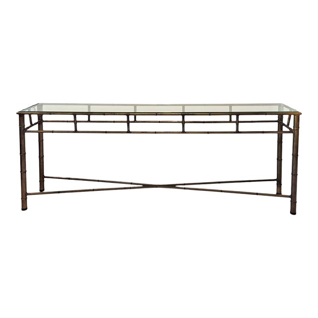 1970s Hollywood Regency Faux Bamboo Bronze Tone Metal Console Sofa Table For Sale