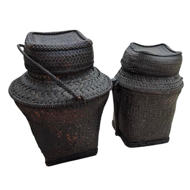 Wood Pair of Tall Handwoven Vintage Ifugao Rice Baskets For Sale - Image 7 of 9