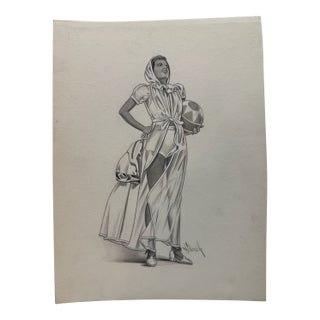 1940s Original Signed Graphite Illustration of Young Woman With Ball, 11.75 X 8.75 In. For Sale