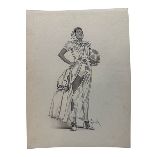 1940s Original Signed Graphite Illustration of Young Woman With Ball, 11.75 X 8.75 In. For Sale
