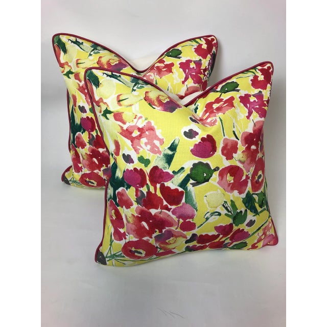Yellow Contemporary Floral Sunshine Pillows- a Pair For Sale - Image 8 of 8
