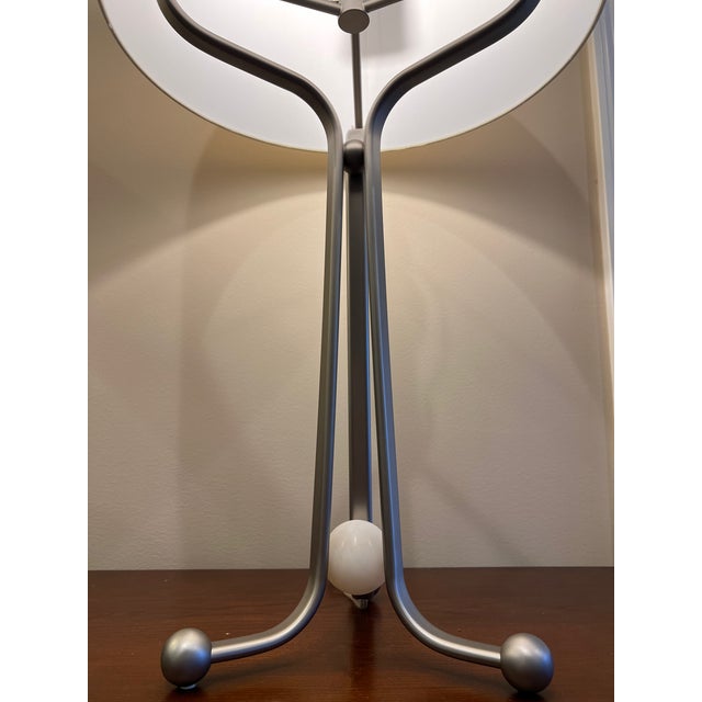 Baker Larimar Table Lamp, Satin Nickel Finish & Alabaster With White Linen Drum Shade For Sale - Image 9 of 18
