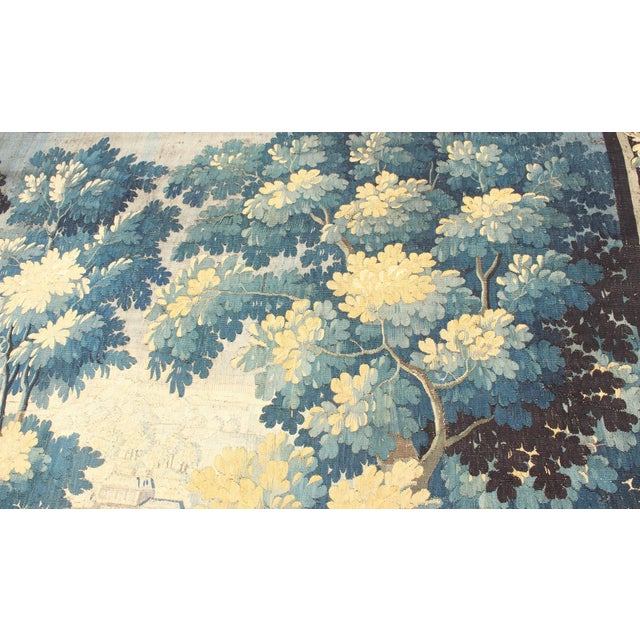 17th Century Antique Tapestry With Woodland Scene and Floral Border in Blue Tone For Sale - Image 10 of 11