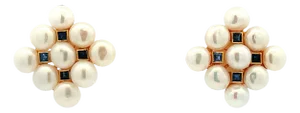 Vintage Freshwater Button Pearl and Sapphire Square 14k Earring, A Pair