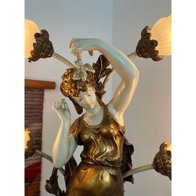 Art Nouveau Vintage Spelter Female Figure Lamp With 4 Glass Ruffled Shades For Sale - Image 3 of 11