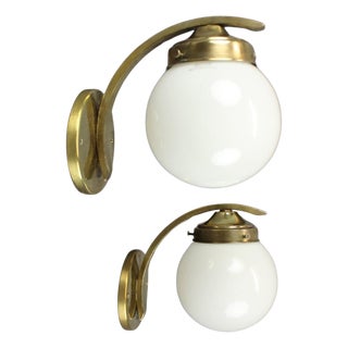 Art Deco Brass Wall Lamps with Opaline Glass, Europe, 1930s, Set of 2 For Sale