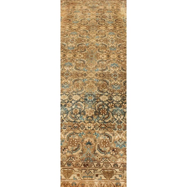 Measures: 3'7 x 9'9. Midcentury Persian Hamedan runner with ornate all-over design in brown and tan. Keivan Woven Arts /...