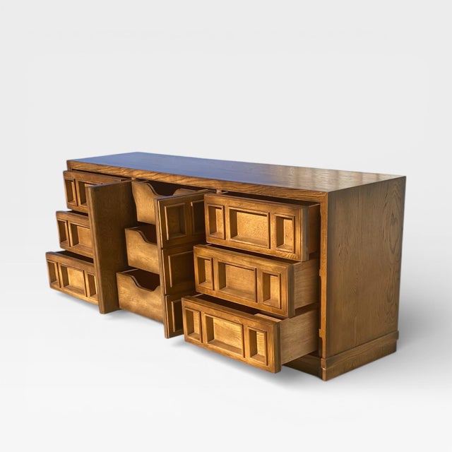 Wood Vintage Brutalist Oak Geometric-Front Lowboy Dresser, Mid-Century For Sale - Image 7 of 18