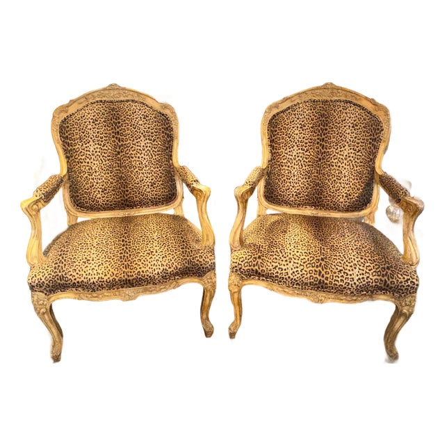 Pair of French Louis XV Bergeres With Leopard Upholstery For Sale